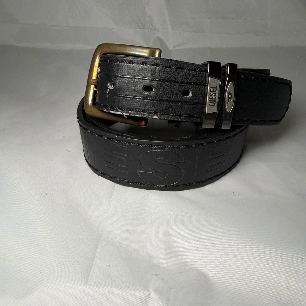 Diesel Belt Mens Black Leather Embossed Logo Y2K Industrial Streetwear 53in 135c